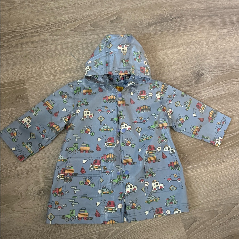 Blue Raincoat with Vehicle Print and Hood